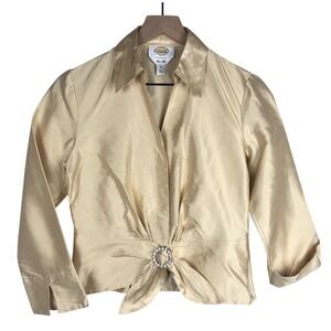 VTG TALBOTS 100% Silk Top Sz 2‎ Yellow Rhinestone Tie 3/4 Sleeve Button Luxury